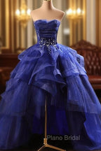 Blue Formal Prom Dresses Ruffles Tiered Crystal Beaded Top FormalParty Dresses, High Low Formal Prom Dresses