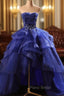 Blue Formal Prom Dresses Ruffles Tiered Crystal Beaded Top FormalParty Dresses, High Low Formal Prom Dresses