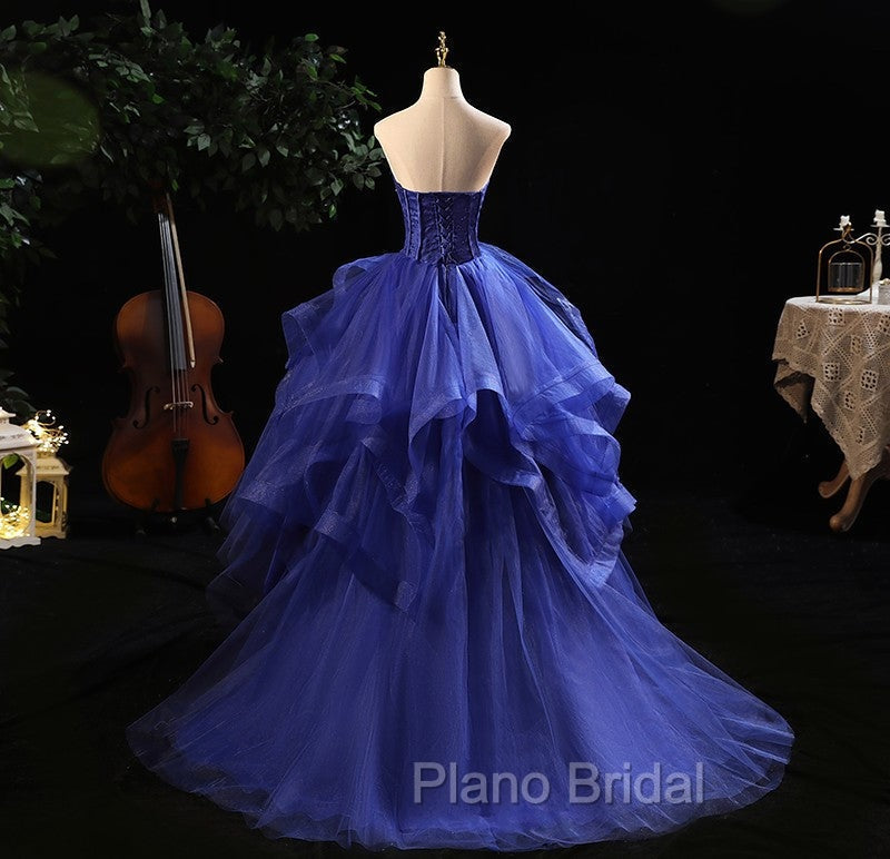Blue Formal Prom Dresses Ruffles Tiered Crystal Beaded Top FormalParty Dresses, High Low Formal Prom Dresses