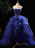 Blue Formal Prom Dresses Ruffles Tiered Crystal Beaded Top FormalParty Dresses, High Low Formal Prom Dresses