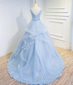 Blue Formal Prom Dresses V-neck Ball Gown Sweep Train Party Dresses, Sweet 16 Gown