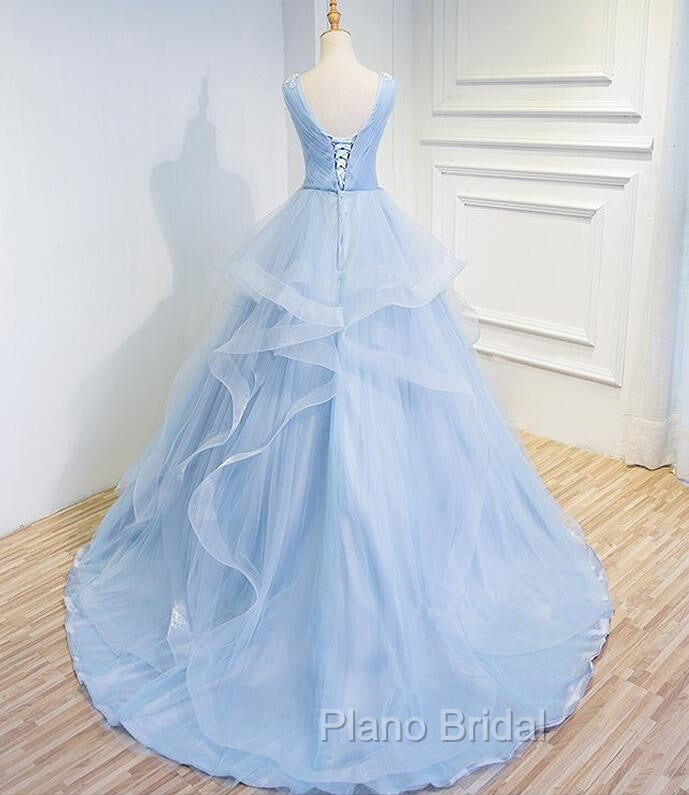 Blue Formal Prom Dresses V-neck Ball Gown Sweep Train Party Dresses, Sweet 16 Gown