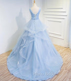 Blue Formal Prom Dresses V-neck Ball Gown Sweep Train Party Dresses, Sweet 16 Gown