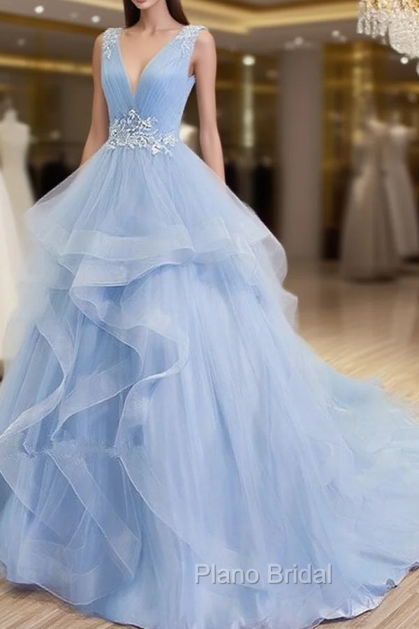 Blue Formal Prom Dresses V-neck Ball Gown Sweep Train Party Dresses, Sweet 16 Gown