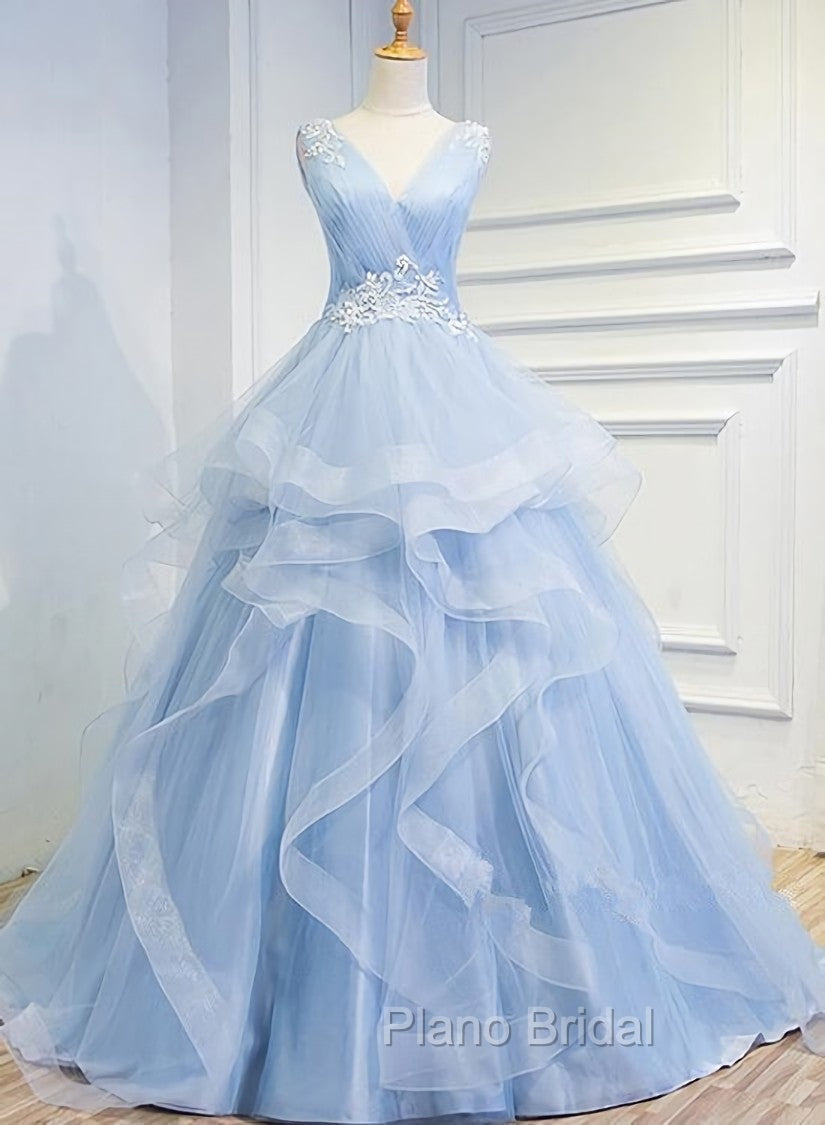 Blue Formal Prom Dresses V-neck Ball Gown Sweep Train Party Dresses, Sweet 16 Gown Main image