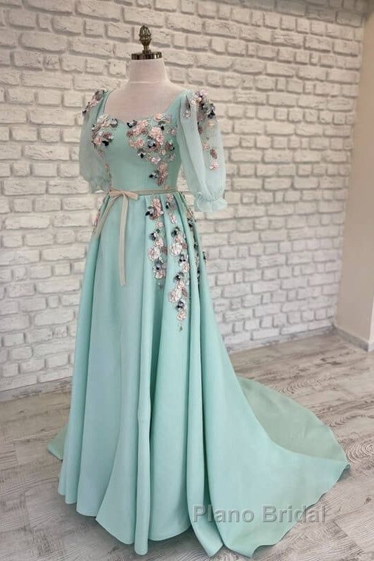 Blue Puffy Sleeve Dresses With 3D Flowers Secondary image