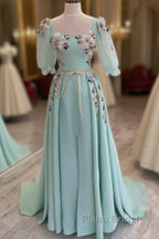 Blue Puffy Sleeve Dresses With 3D Flowers