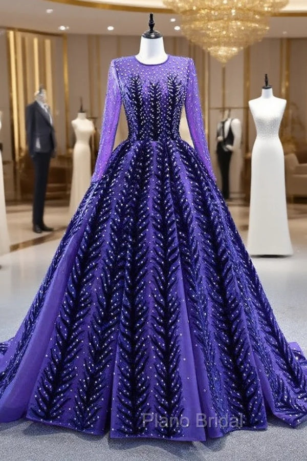 Blue Purple Tulle Beading Long Sleeve Formal Prom Dresses