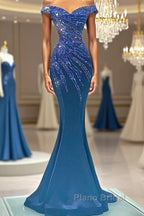 Blue Robe De Soiree Mermaid Off The Shoulder Beaded Crystals Long Formal Prom Dresses Formal Prom Gown Evening Dresses