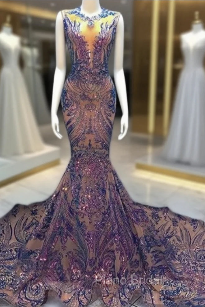 Blue Robe De Soiree Mermaid Scoop Appliques Sequins See Through Long Formal Prom Dresses Formal Prom Gown Evening Dresses Main image