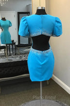 Blue Round Neck Beaded Bodycon Short Homecoming Dresses with Puff Sleeves