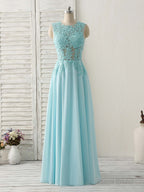 Blue Round Neck Lace Chiffon Long Prom Dress, Blue Long Formal Dresses