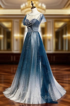 Blue Round Neck Tulle Beads Long Formal Prom Dresses, Blue Evening Dresses