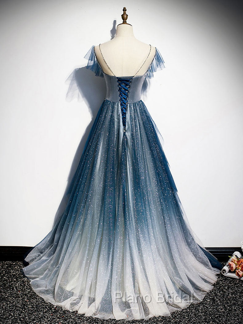 Blue Round Neck Tulle Beads Long Formal Prom Dresses, Blue Evening Dresses