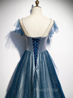 Blue Round Neck Tulle Beads Long Formal Prom Dresses, Blue Evening Dresses