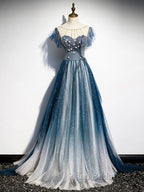 Blue Round Neck Tulle Beads Long Formal Prom Dresses, Blue Evening Dresses