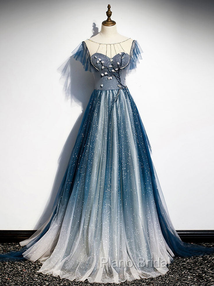 Blue Round Neck Tulle Beads Long Formal Prom Dresses, Blue Evening Dresses