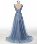 Blue round neck tulle lace applique long Formal Prom dress, blue evening dress