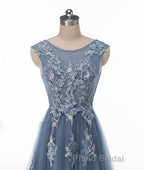 Blue round neck tulle lace applique long Formal Prom dress, blue evening dress