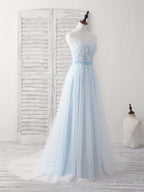 Blue Round Neck Tulle Lace Applique Long Prom Dresses