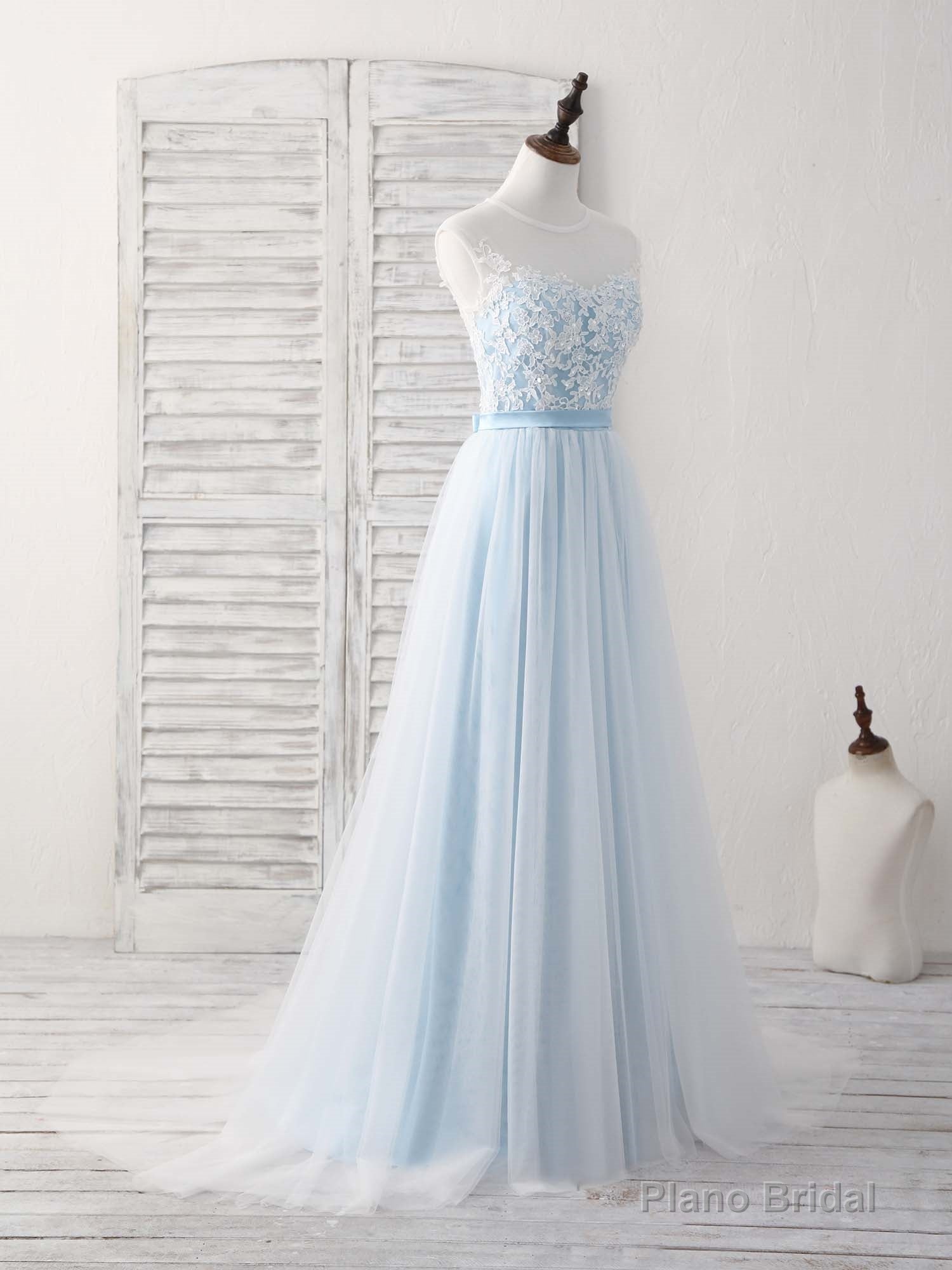 Blue Round Neck Tulle Lace Applique Long Prom Dresses Secondary image