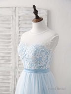 Blue Round Neck Tulle Lace Applique Long Prom Dresses