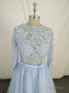 Blue Round Neck Tulle Lace Long Prom Dress, Blue Tulle Lace Evening Dress