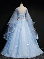 Blue Round Neck Tulle Lace Long Formal Prom Dresses, Blue Sweet 16 Dresses