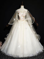 Blue Round Neck Tulle Lace Long Formal Prom Dresses, Blue Sweet 16 Dresses