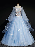 Blue Round Neck Tulle Lace Long Formal Prom Dresses, Blue Sweet 16 Dresses