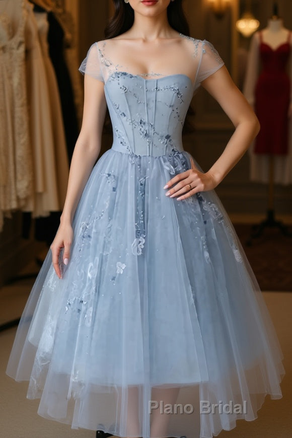 Blue round neck tulle lace short Formal Prom dress, blue homecoming dress Main image