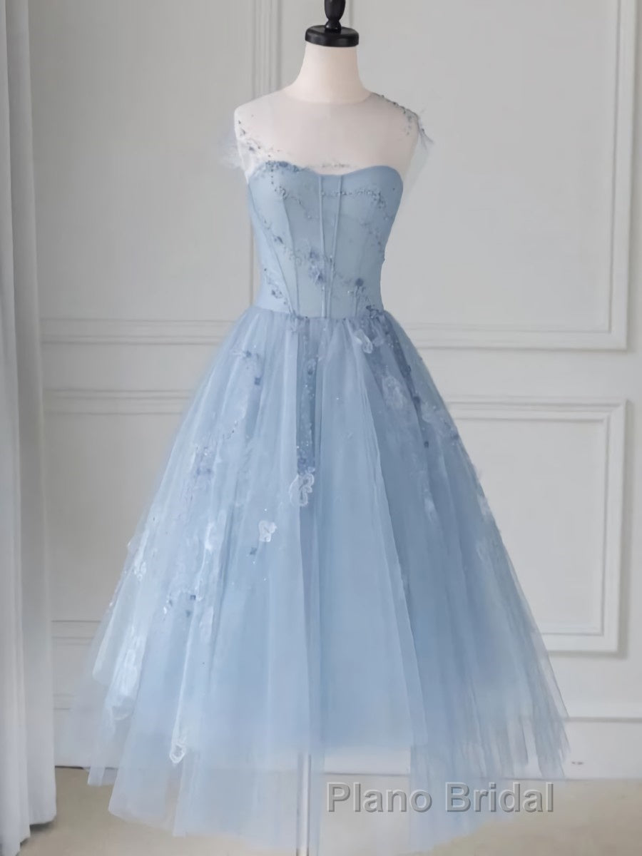 Blue round neck tulle lace short Formal Prom dress, blue homecoming dress Secondary image