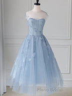 Blue round neck tulle lace short Formal Prom dress, blue homecoming dress