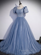 Blue Round Neck Tulle Sequin Beads Long Formal Prom Dresses, Blue Evening Dresses