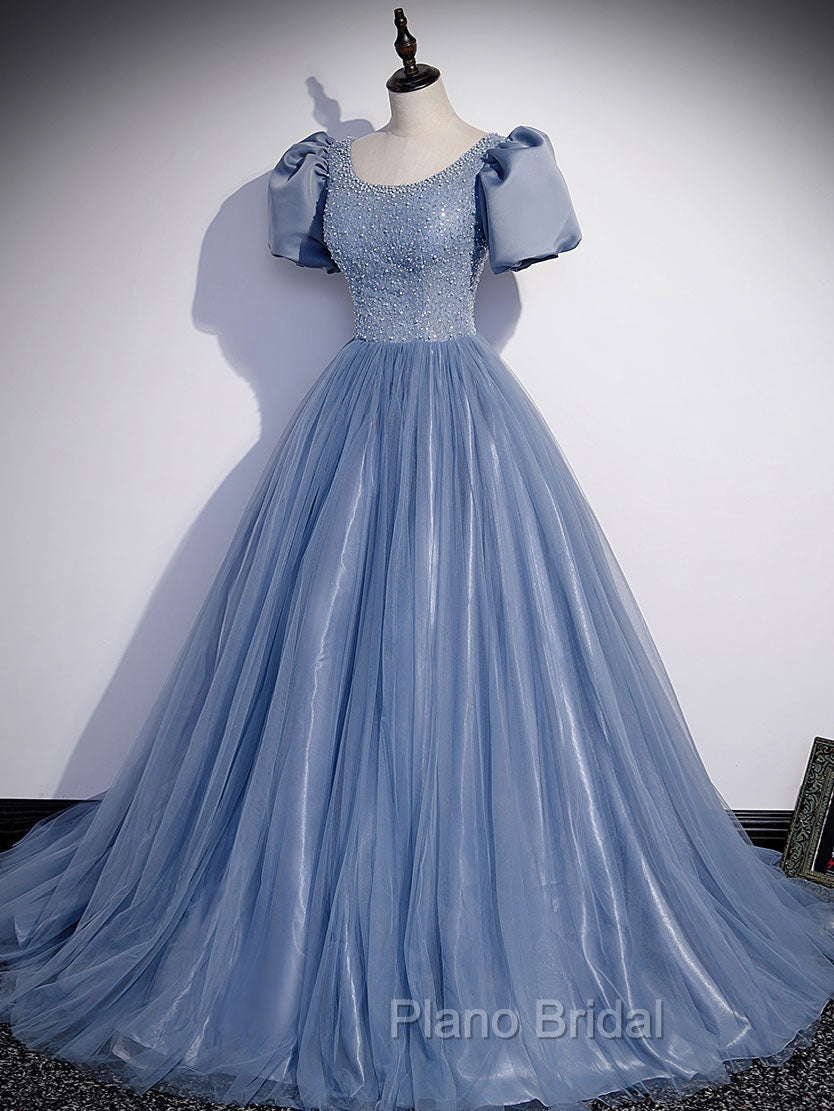Blue Round Neck Tulle Sequin Beads Long Formal Prom Dresses, Blue Evening Dresses