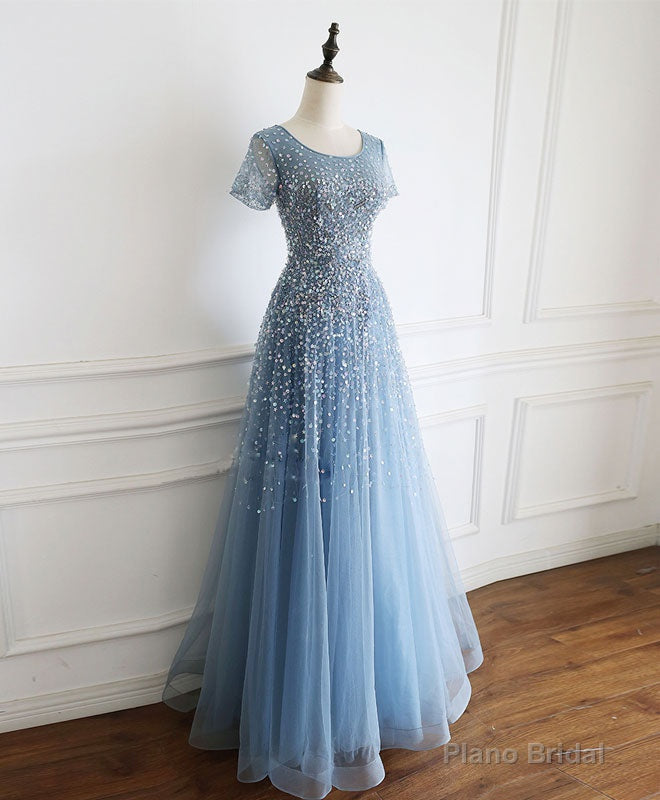 Blue Round Neck Tulle Sequin Beads Long Prom Dress Blue Tulle Formal Dress Secondary image