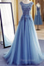 Blue Round Neckline Long Applique Elegant Senior Formal Dresses, Long Party Gowns