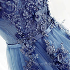 Blue Round Neckline Long Applique Elegant Senior Formal Dresses, Long Party Gowns