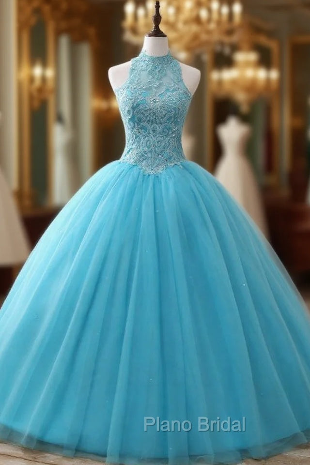 Blue Rulle Lace Appliques High Neck Backless Sweet 15 Dresses Main image