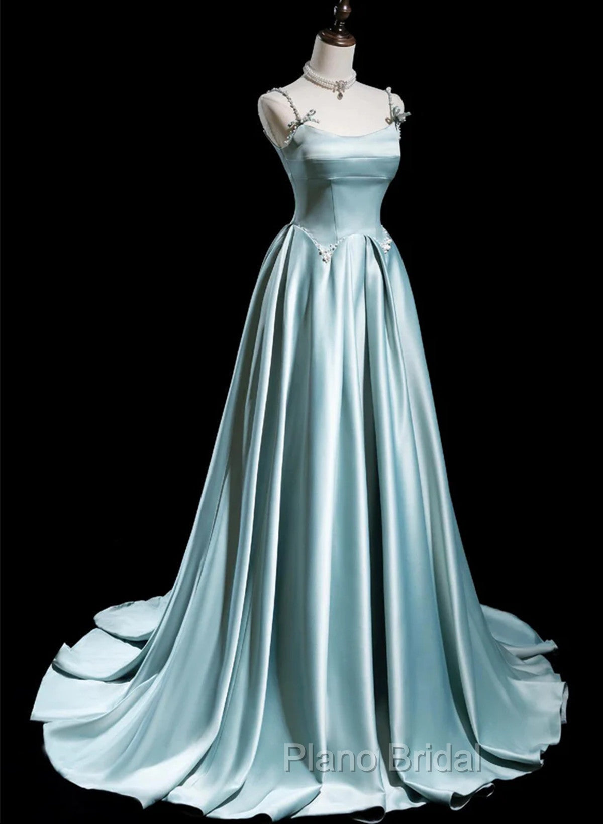 Blue Satin A-line Beaded Long Party Dresses Formal Prom Dresses, Blue Evening Dresses