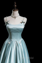Blue Satin A-line Beaded Long Party Dresses Formal Prom Dresses, Blue Evening Dresses