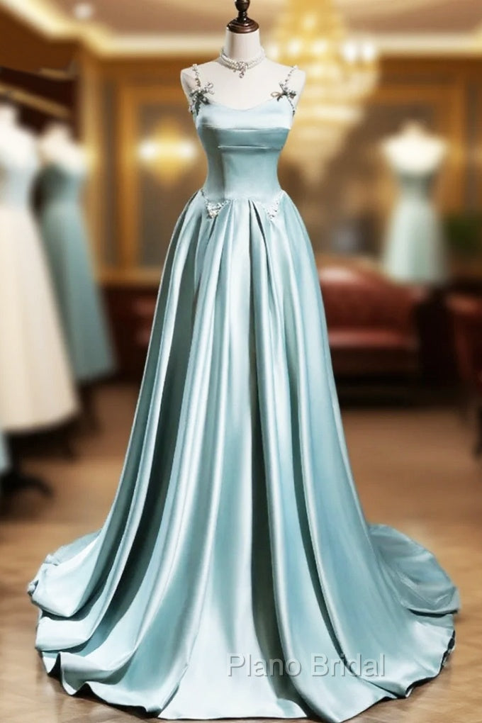 Blue Satin A-line Beaded Long Party Dresses Formal Prom Dresses, Blue Evening Dresses Main image