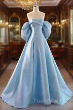 Blue Satin A-line Long Party Dresses, Blue Satin Long Evening Dresses Formal Prom Dresses