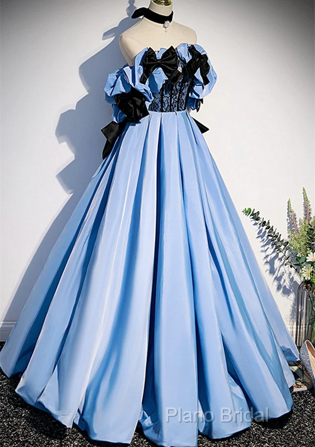 Blue Satin A-Line Long Formal Prom Dresses With Black Bow, Off The Shoulder Blue Long Party Dresses