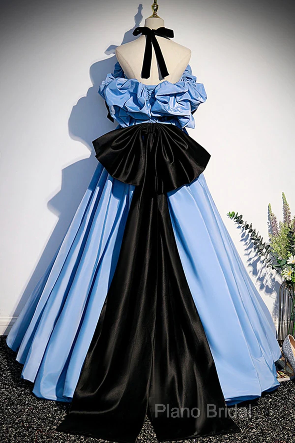 Blue Satin A-Line Long Formal Prom Dresses With Black Bow, Off The Shoulder Blue Long Party Dresses