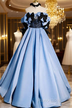 Blue Satin A-Line Long Formal Prom Dresses With Black Bow, Off The Shoulder Blue Long Party Dresses
