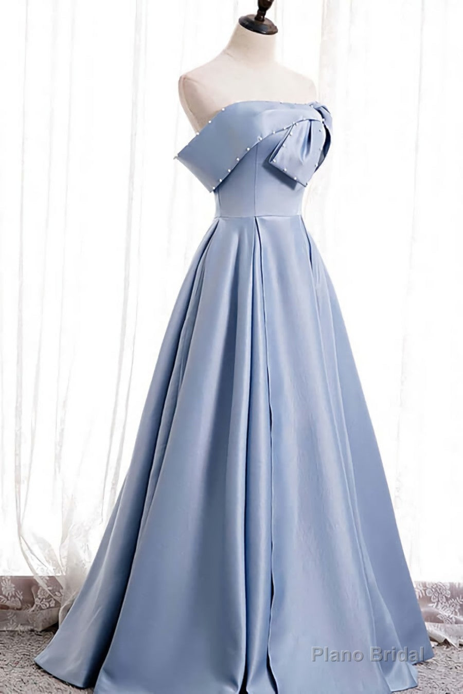 Blue Satin A-line Off-the-Shoulder Beaded Prom Dresses,evening party dress Secondary image