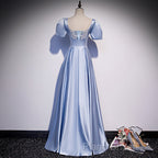 Blue Satin Beaded A-Line Long Party Dresses, Blue Formal Prom Party Dresses Formal Dresses