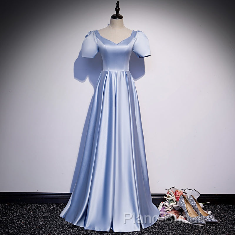 Blue Satin Beaded A-Line Long Party Dresses, Blue Formal Prom Party Dresses Formal Dresses