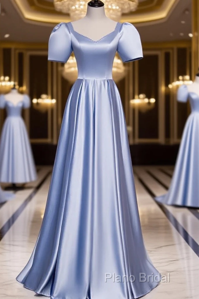 Blue Satin Beaded A-Line Long Party Dresses, Blue Formal Prom Party Dresses Formal Dresses Main image